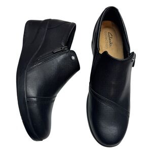 NEW Clarks Suttyn Zip Wedge Black Leather Booties Loafers Shoes Womens 9.5 M